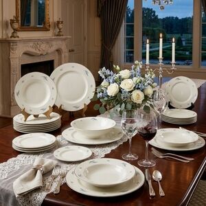 Syracuse China"Celeste" 22-piece dinnerware with Platinum Trim Blue Leaf Accent